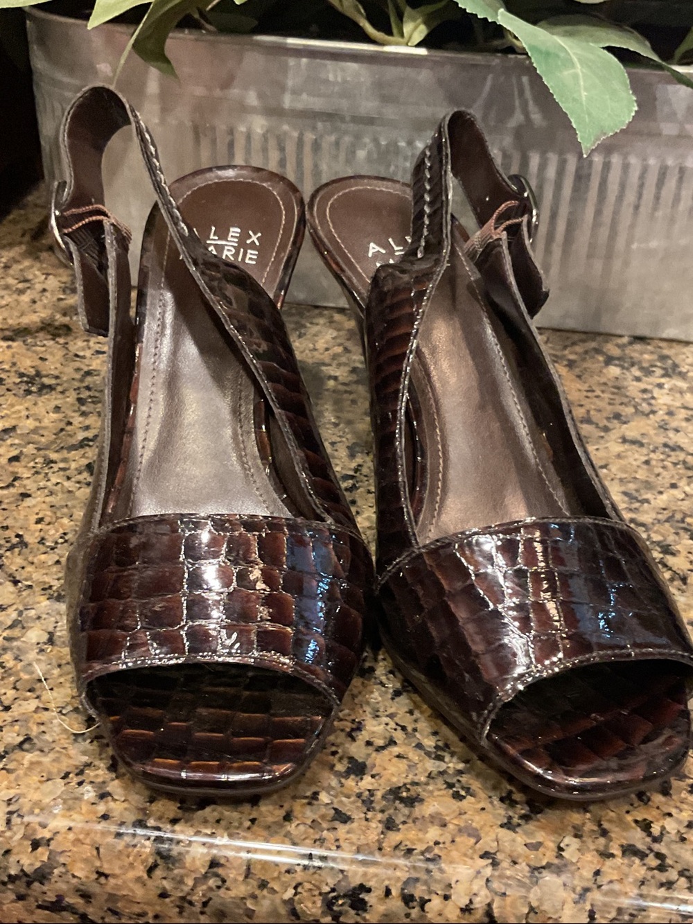 Alex Marie Brown Croc-Embossed Slingback Peep-Toe Heels